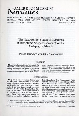 The Taxonomic Status of Lasiurus (Chiroptera, Vespertilionidae) in the Galapagos Islands