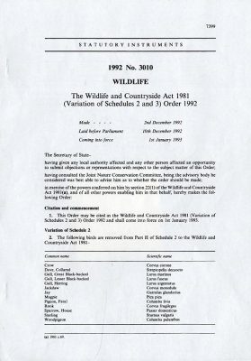 Wildlife and Countryside Act 1981 (Variation of Schedule 2&3) Order 1992