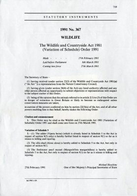 Wildlife and Countryside Act 1981 (Variation of Schedule) Order 1991
