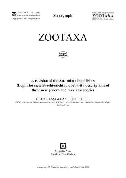 Zootaxa, Volume 2252: A Revision of the Australian Handfishes (Lophiiformes: Brachionichthyidae), with Descriptions of Three New Genera and Nine New Species